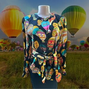 Vintage Jerri Sherman 100% silk Hot Air Balloon blouse with‎ sash Size 4